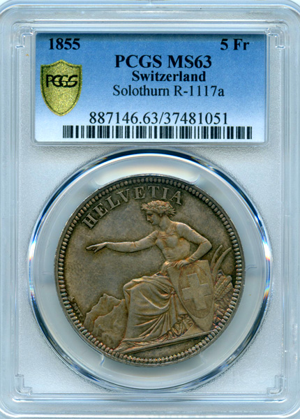 スイス ゾロトゥルン 射撃祭 1855年 5フラン 銀貨 PCGS MS63 | ARK 