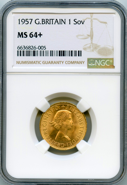 イギリス エリザベス2世 1957年 ソブリン 金貨 NGC MS64+ | ARK